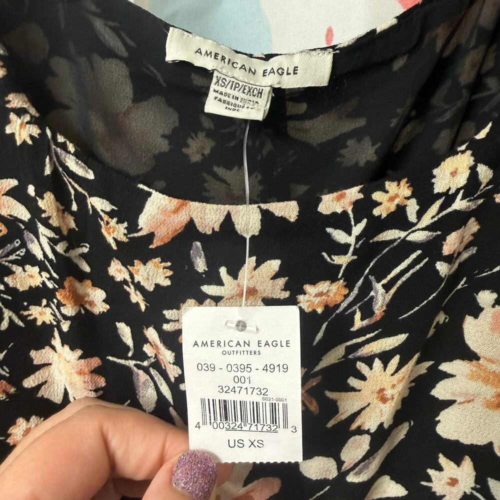 American Eagle Black Floral Babydoll Puff Sleeve Low Back Mini Dress Size XS - Picture 10 of 10